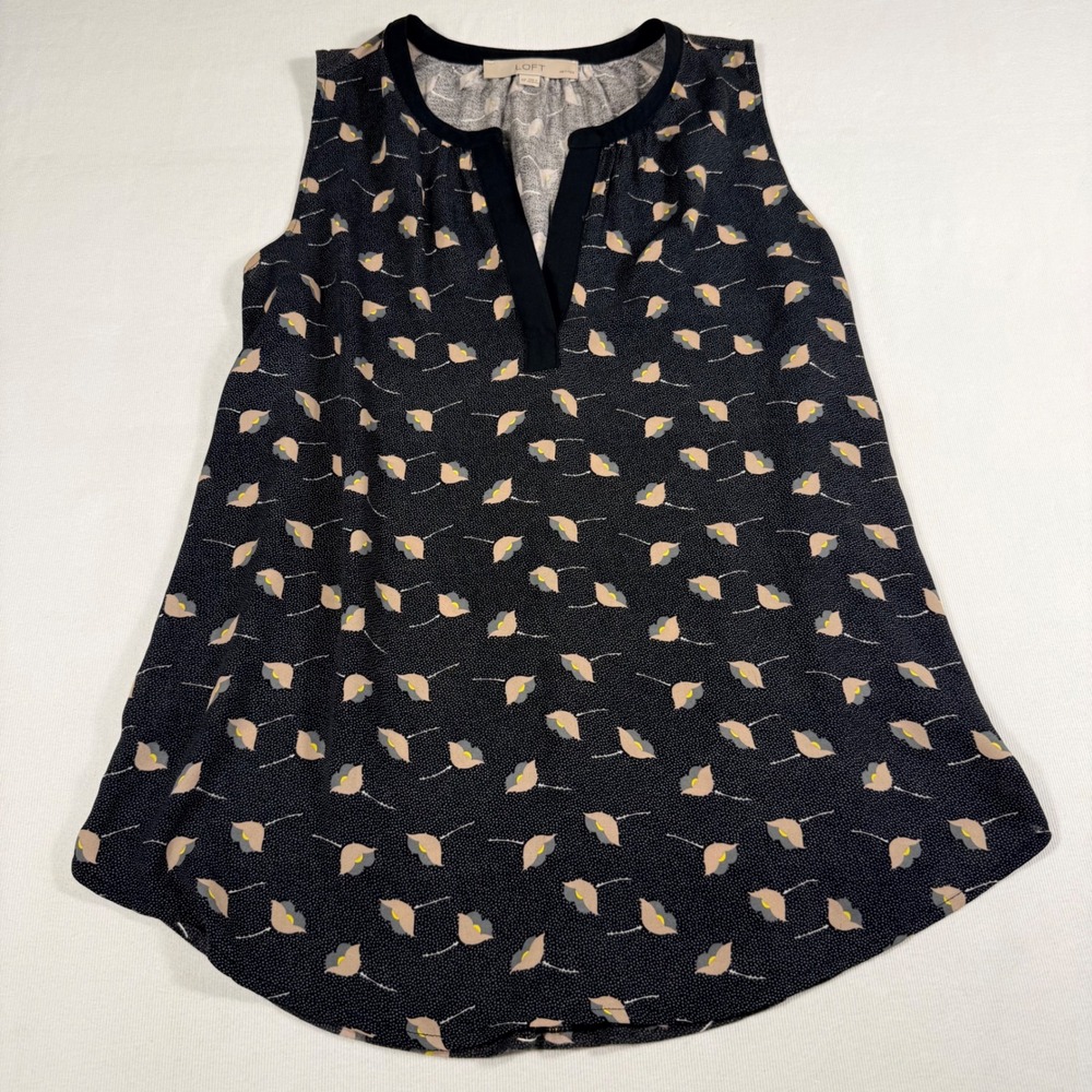 LOFT Sleeveless Blouse MP Black Floral Split Neck Mixed Media Petite Top
